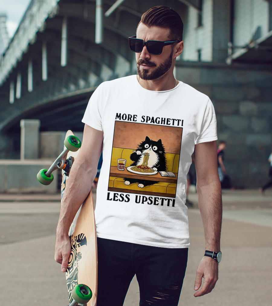 More Spaghetti Less Upsetti Black Cat Eating Italian Food With Drink T-Shirt