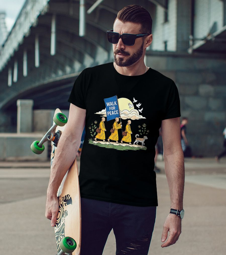 Walk For Peace Buddhist Monks And Dog Journey With Doves And Peace T-Shirt