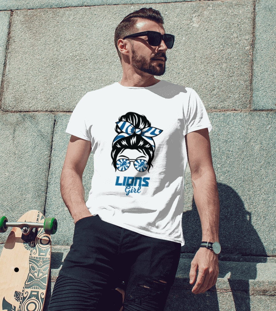 Detroit Lions Girl Glasses Messy Bun T-Shirt