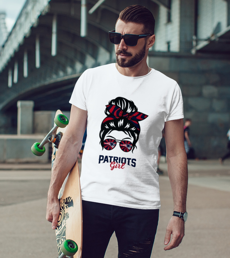 Patriots Girl Messy Bun Glasses Red Blue Bow Fan T-Shirt