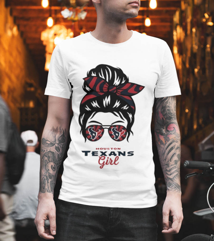 Houston Texans Girl Messy Bun Bow Sunglasses T-Shirt