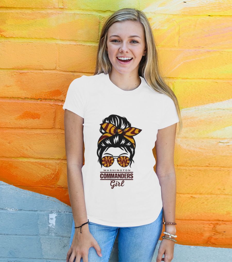 Washington Commanders Girl Messy Bun Glasses Football Fan T-Shirt