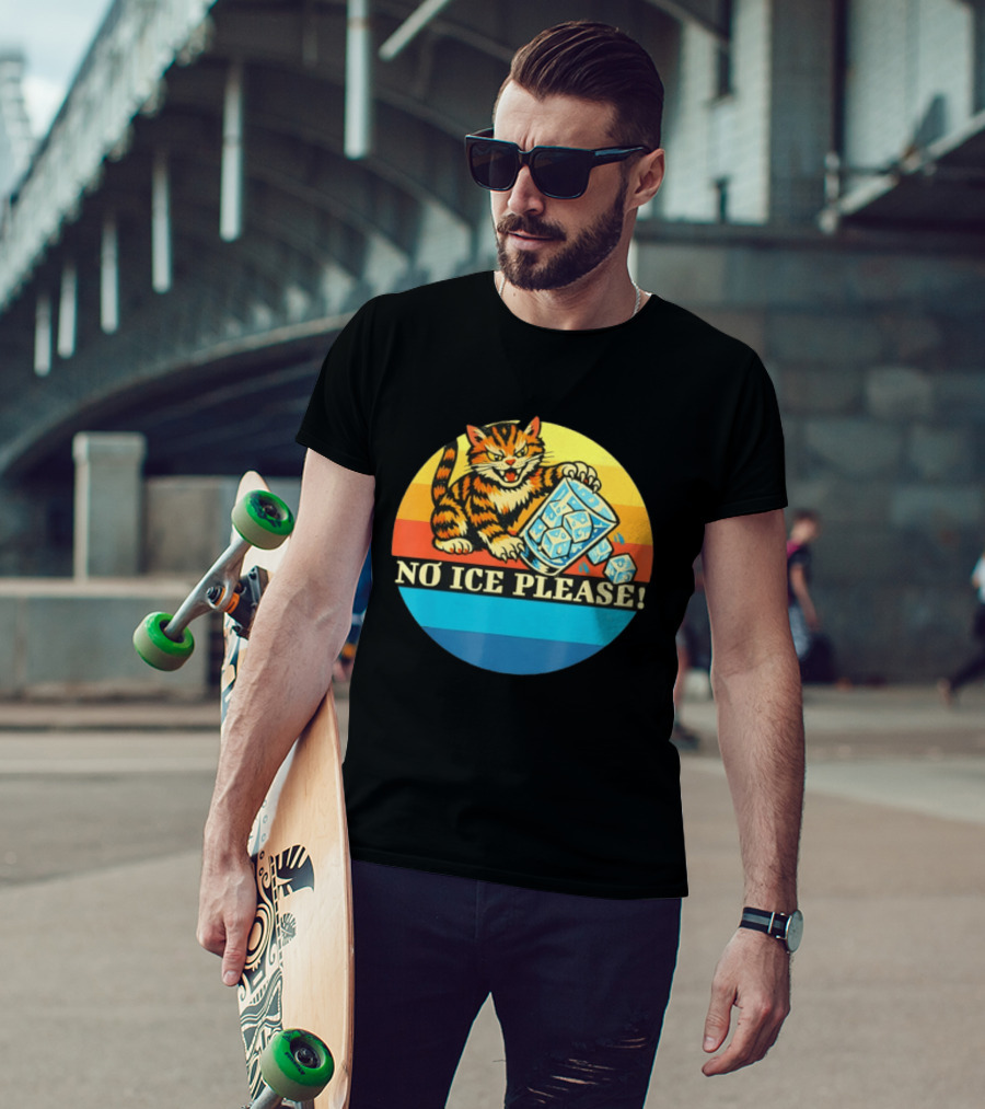 No Ice Please Cat Cartoon Rainbow Stripes T-Shirt