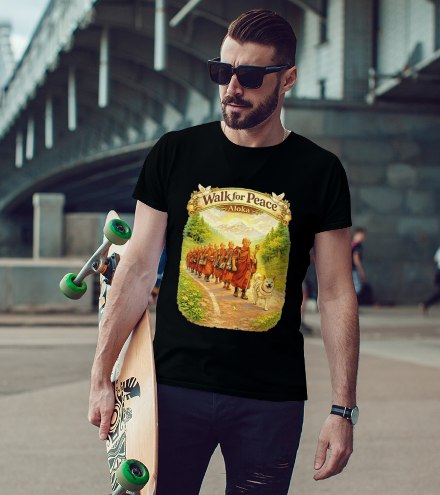 Walk For Peace Aloka Monks With Dog In Nature Trail T-Shirt