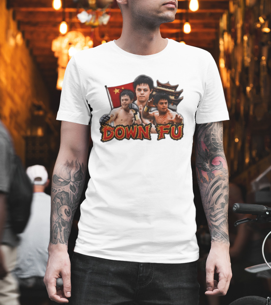 Down Fu Martial Arts Style with Fighters and Chinese Pagoda T-Shirt