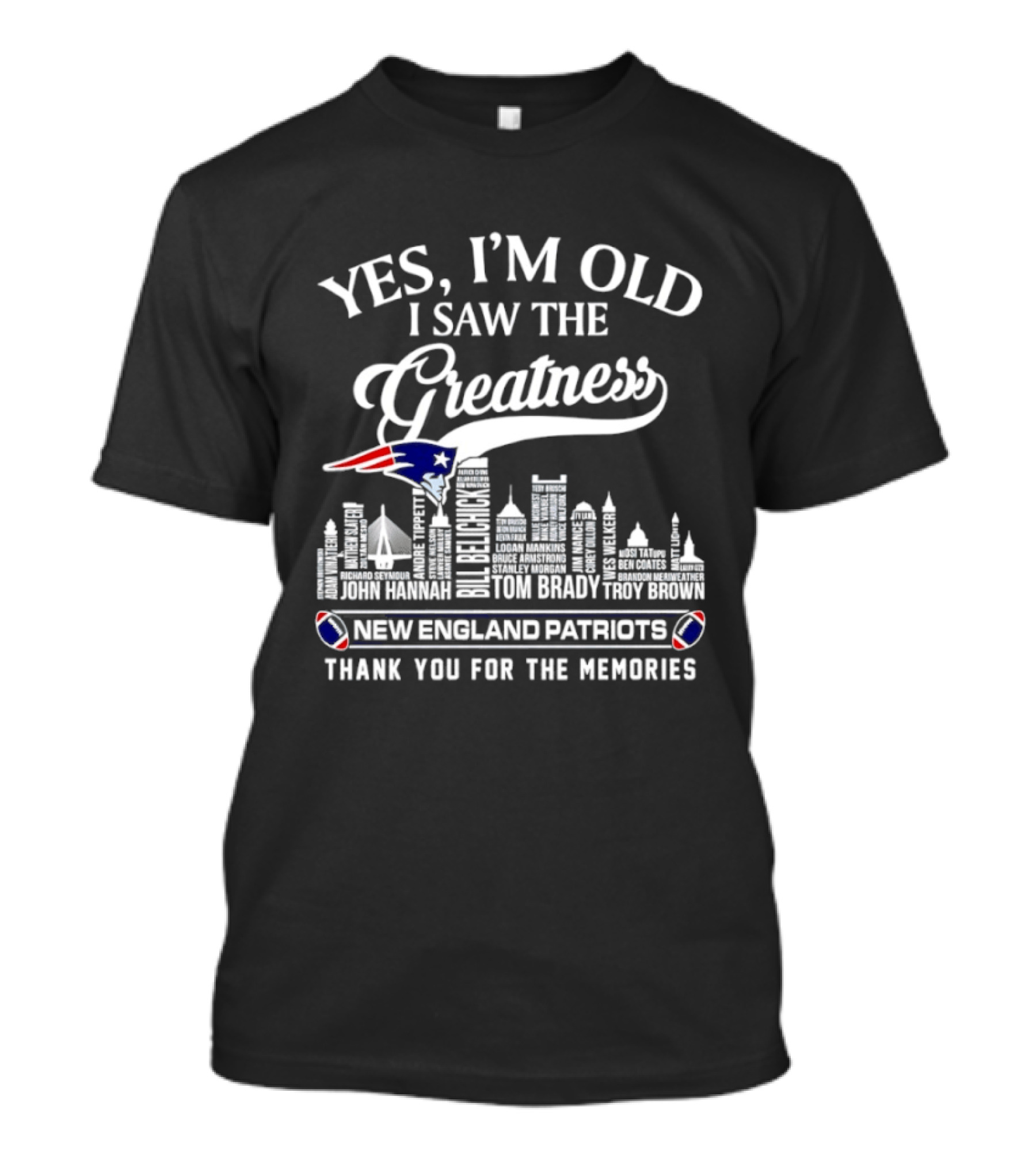 Yes I'm Old I Saw The Greatness New England Patriots Thank You For The Memories Tom Brady Troy Brown Patriot Logo Skyline T-Shirt