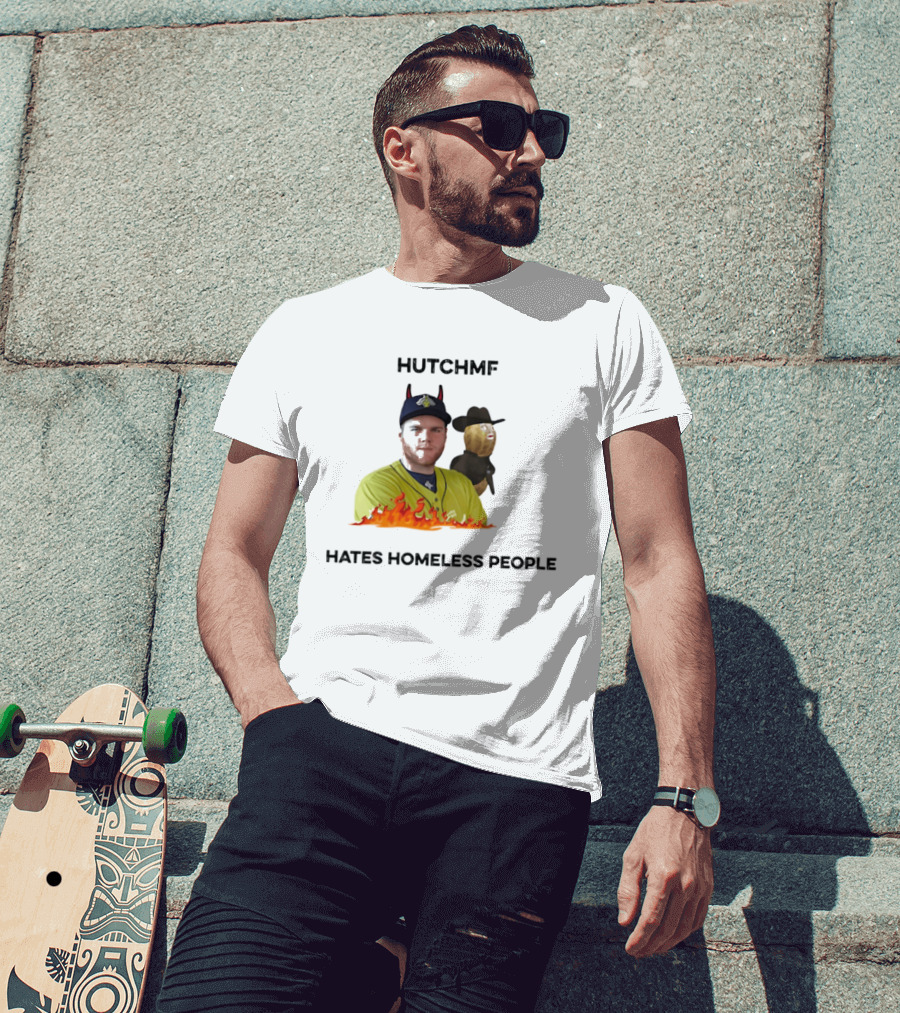Hutchmf Hates Homeless People Devil Horns Yellow Jersey Flames T-Shirt