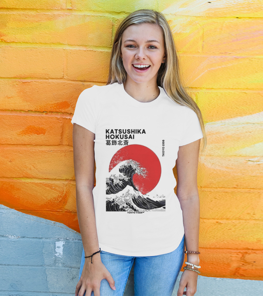 Katsushika Hokusai The Great Wave And Red Sun Japanese Ukiyo E T-Shirt