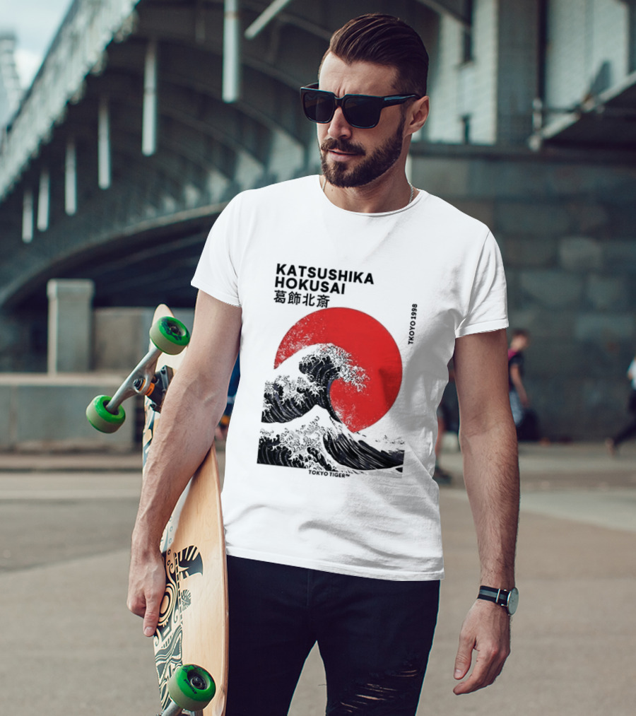 Katsushika Hokusai The Great Wave And Red Sun Japanese Ukiyo E T-Shirt
