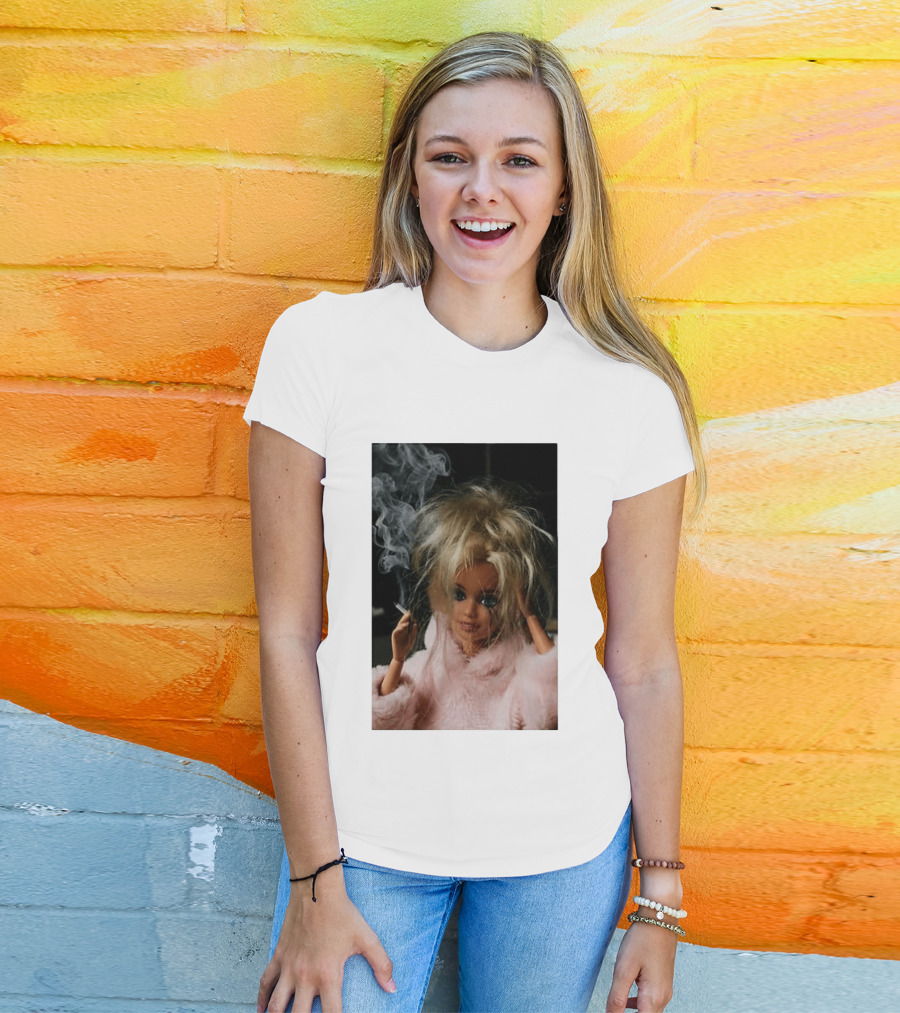 Cigarette Smoking Barbie Doll In Pink Fur Coat T-Shirt