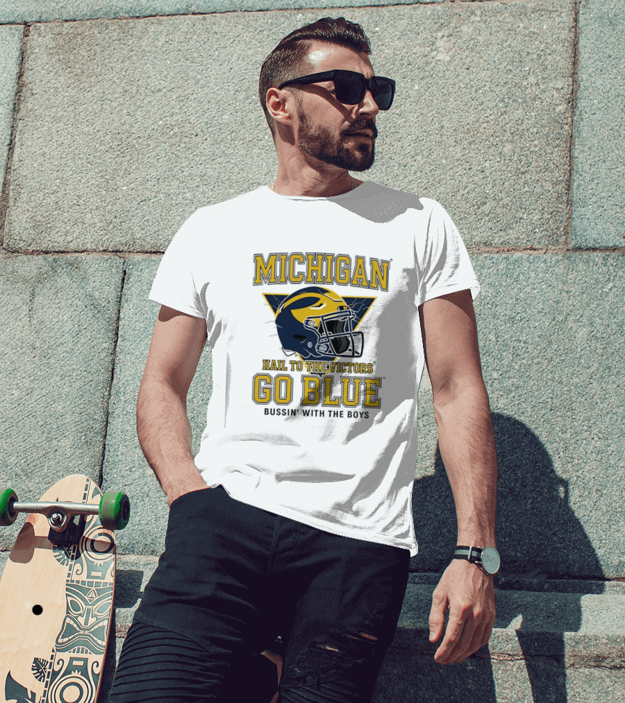 Michigan Hail To The Victors Go Blue Bussin' With The Boys Helmet T-Shirt