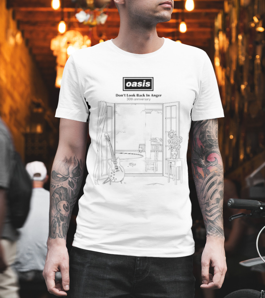 Oasis Don't Look Back In Anger 30th Anniversary Open Window Guitar Scene T-Shirt