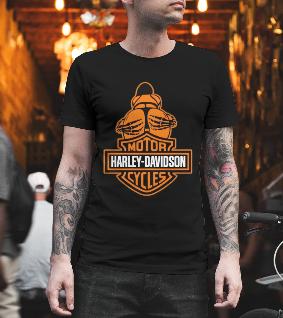 Harley Davidson Motor Cycles Skeleton Back Biker Patch T-Shirt