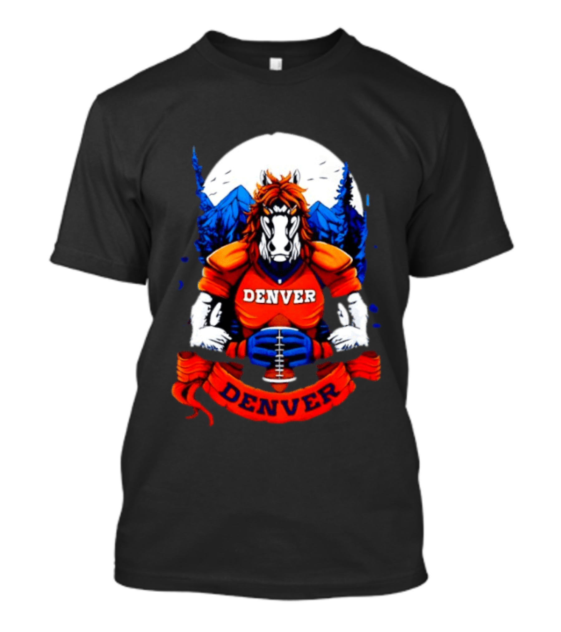 Denver Broncos Wild Horse Football Player With Mountains And Trees T-Shirt