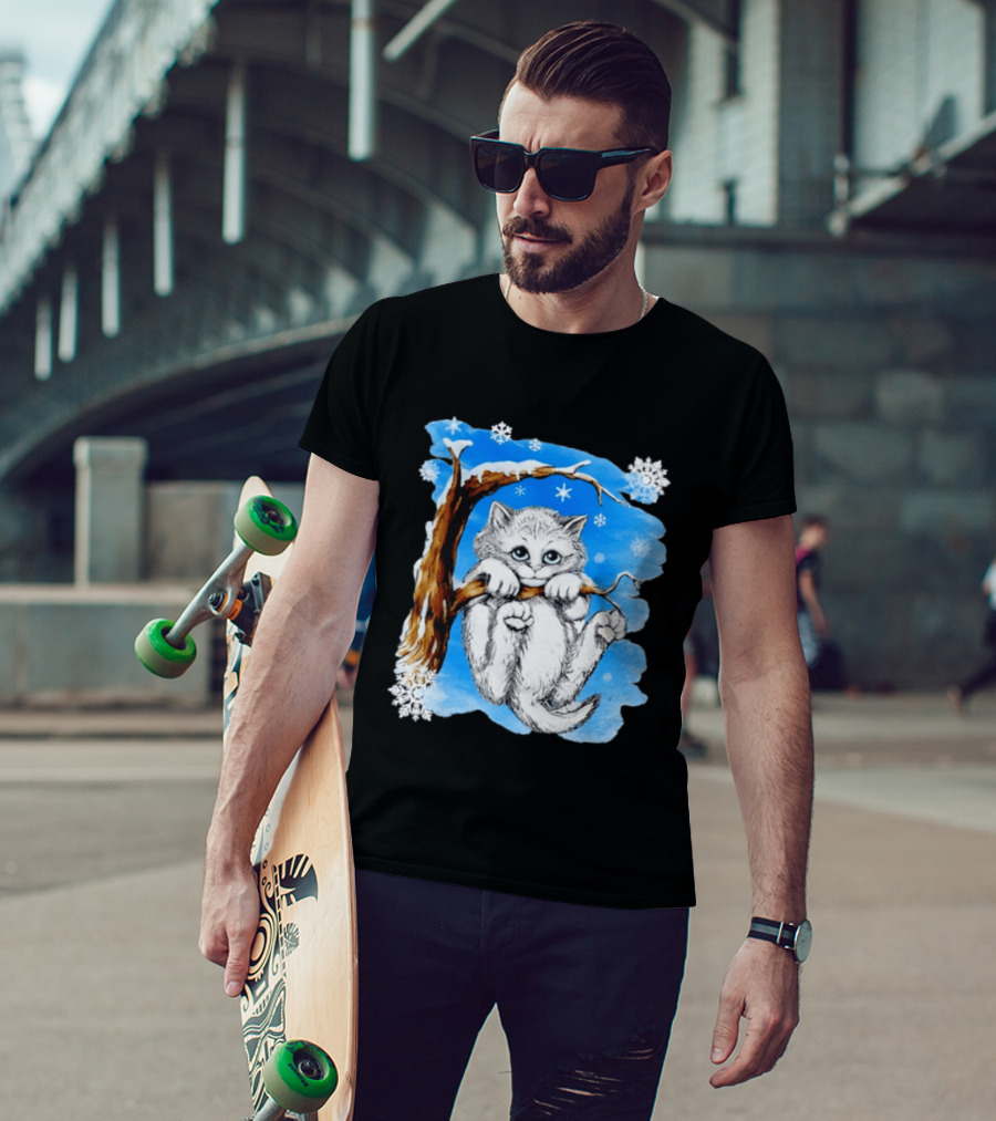 Hang In There Baby Cat In Snow With Snowflakes And Blue Sky T-Shirt