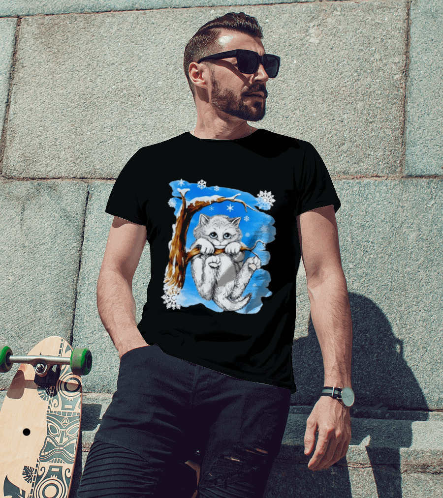 Hang In There Baby Cat In Snow With Snowflakes And Blue Sky T-Shirt