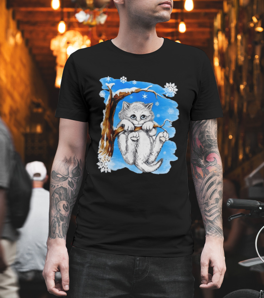 Hang in There Baby Cat in Snow with Snowflakes and Blue Sky T-Shirt