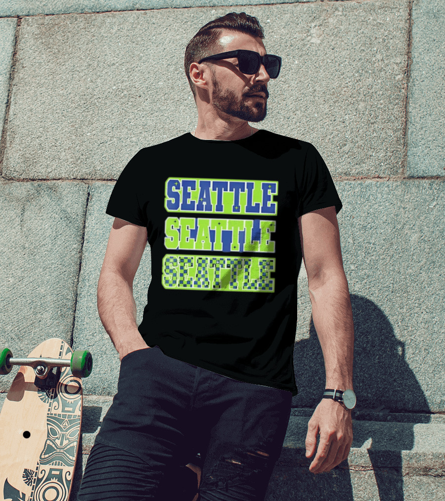 Seattle Blue Green Stars Checkerboard T-Shirt