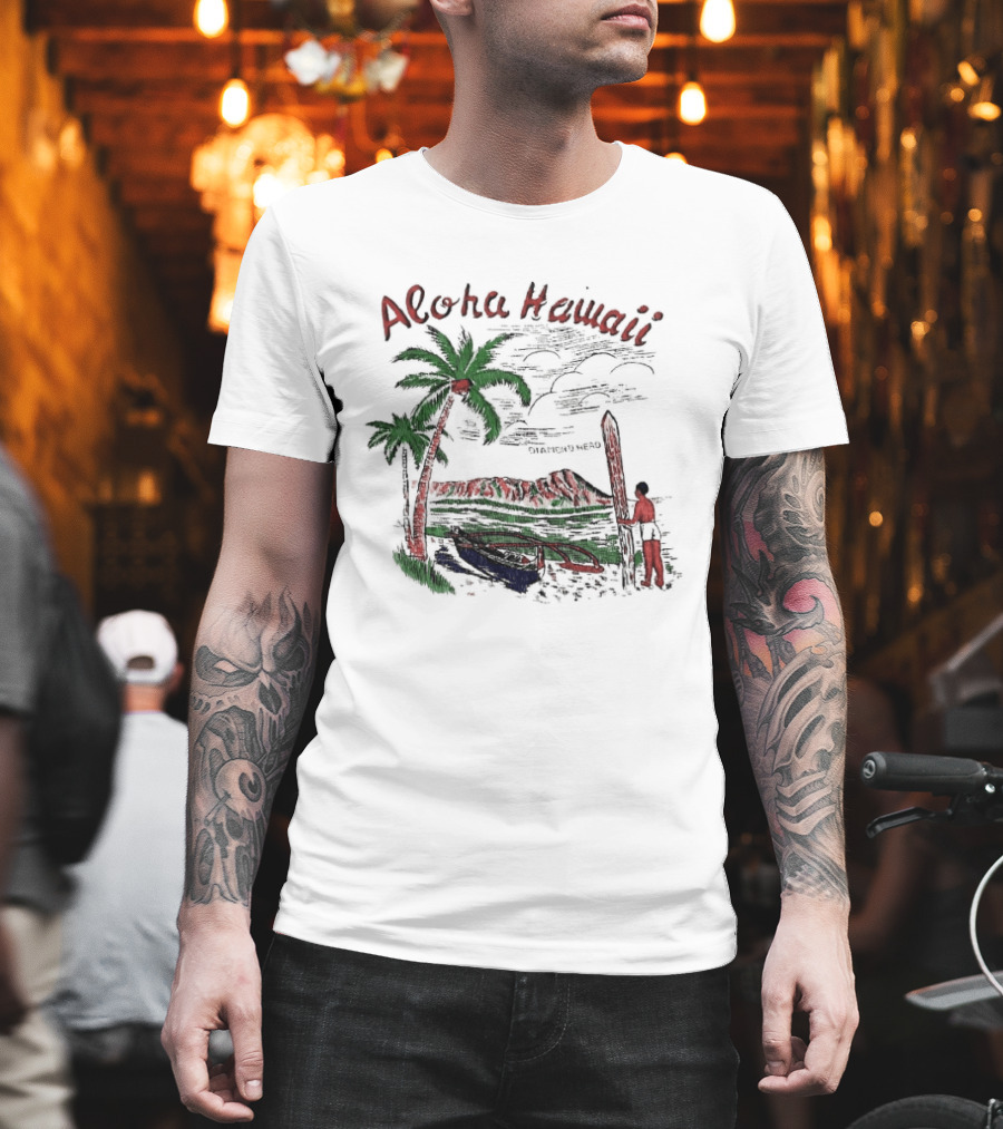 BTS Taehyung Aloha Hawaii Diamond Head 1960 Palm Trees Surfer Scene T-Shirt