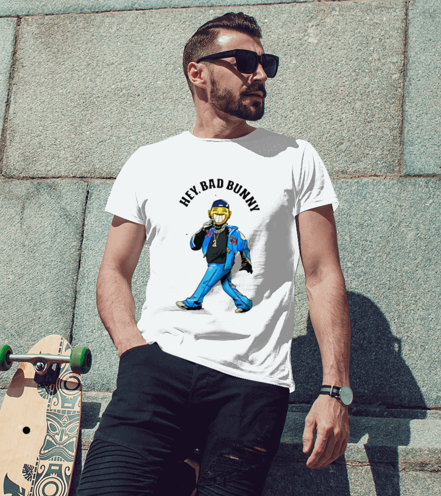 HEY BAD BUNNY Blue Jacket Character Black Outfit Chains T-Shirt