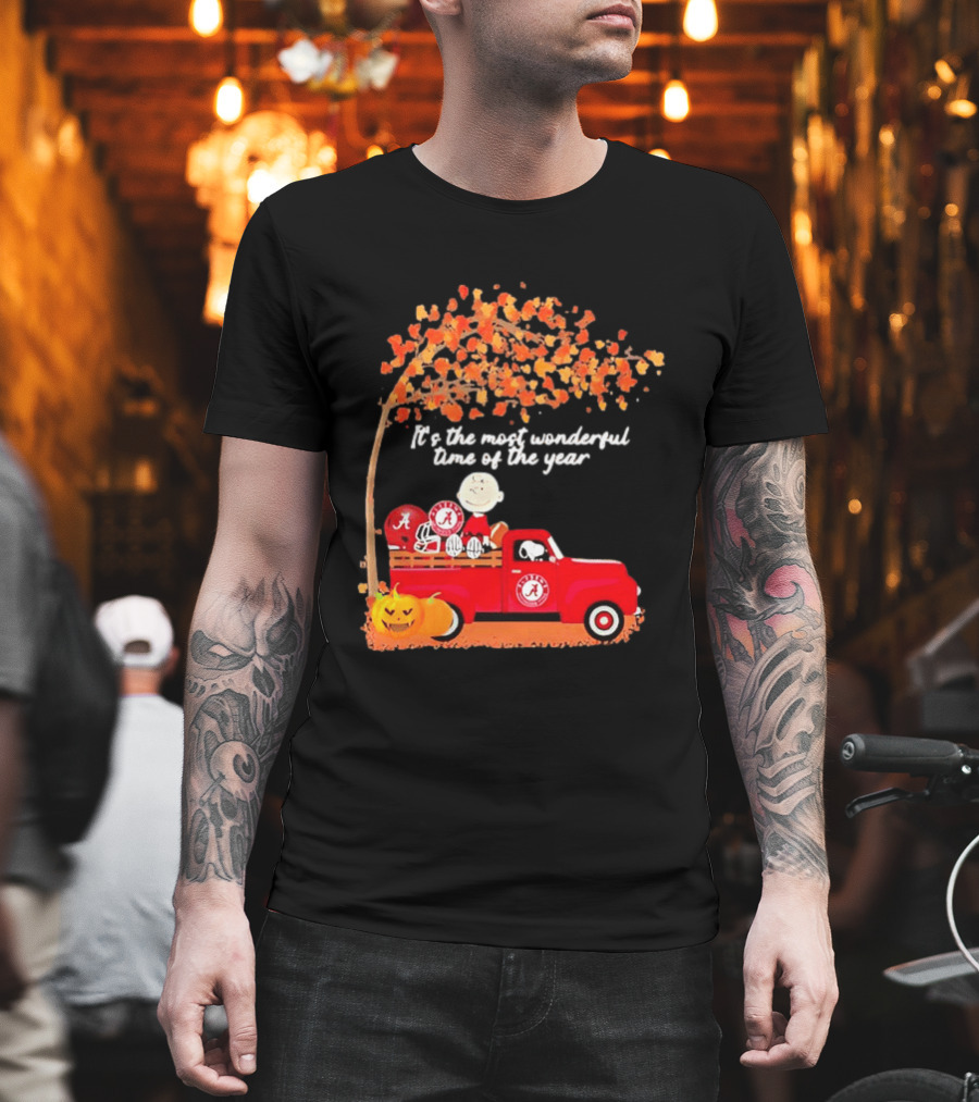 Peanuts Characters Alabama Crimson Tide Pickup Truck Fall Scene T-Shirt