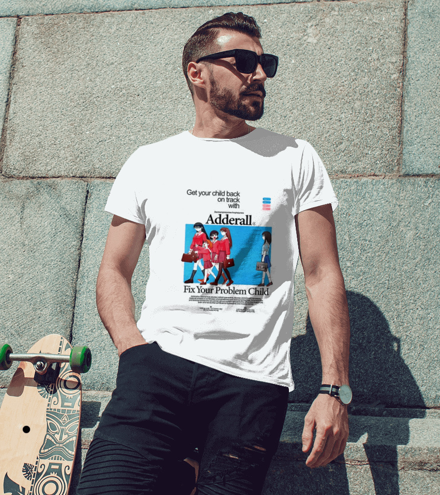 Get Your Problem Child Back On Track With Adderall Anime Girls In Red Uniforms With Briefcases And Pills T-Shirt
