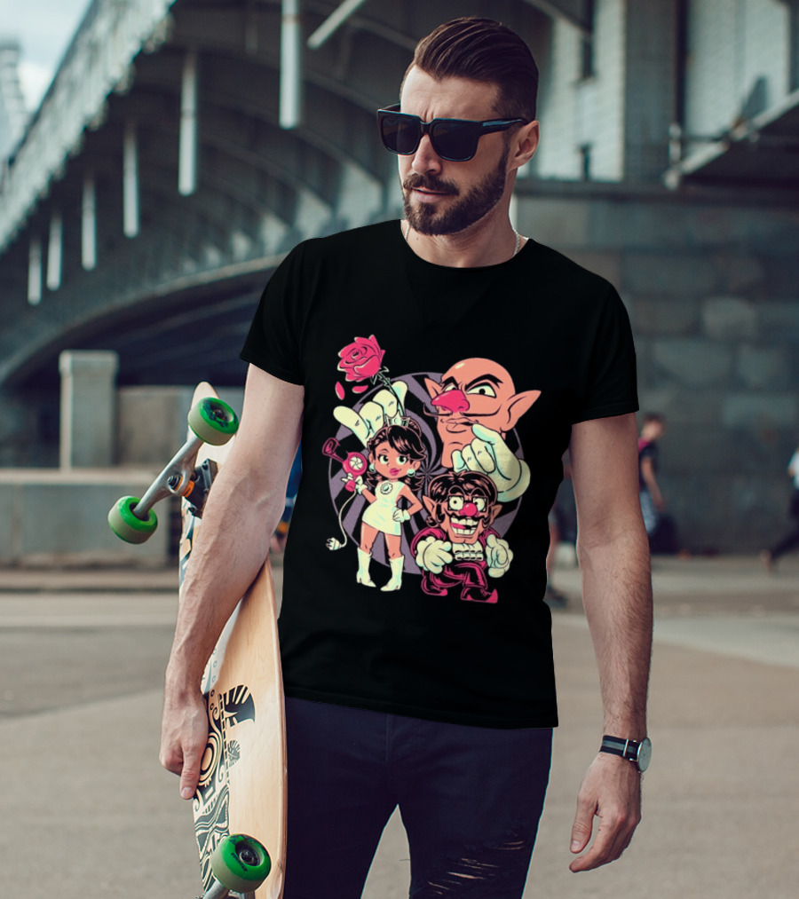 Henrique Torres Oh Be Wah Ve Vintage Cartoon Style Characters And Rose With Electric Plug T-Shirt