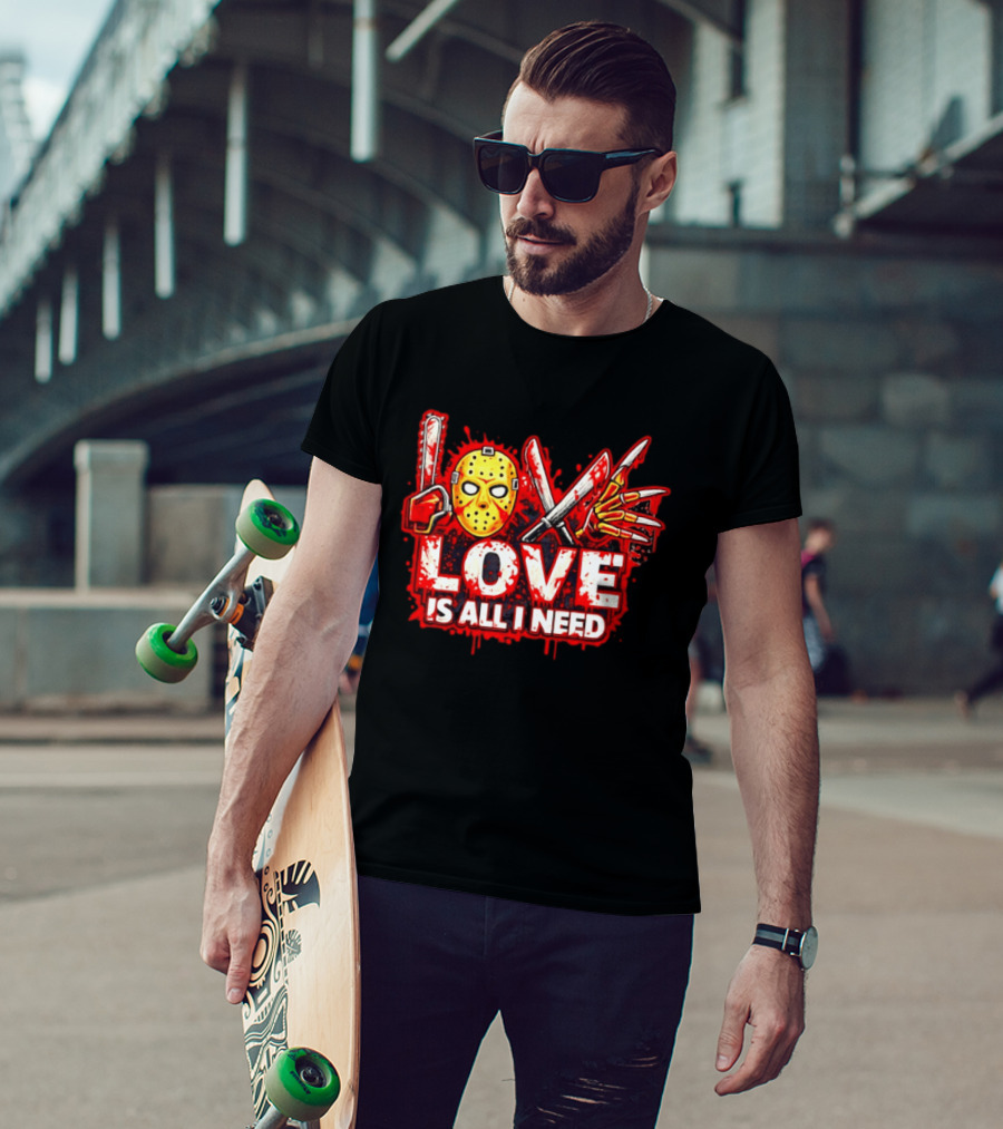 Horror Love Is All I Need Valentine Halloween Mask Knife Claw T-Shirt
