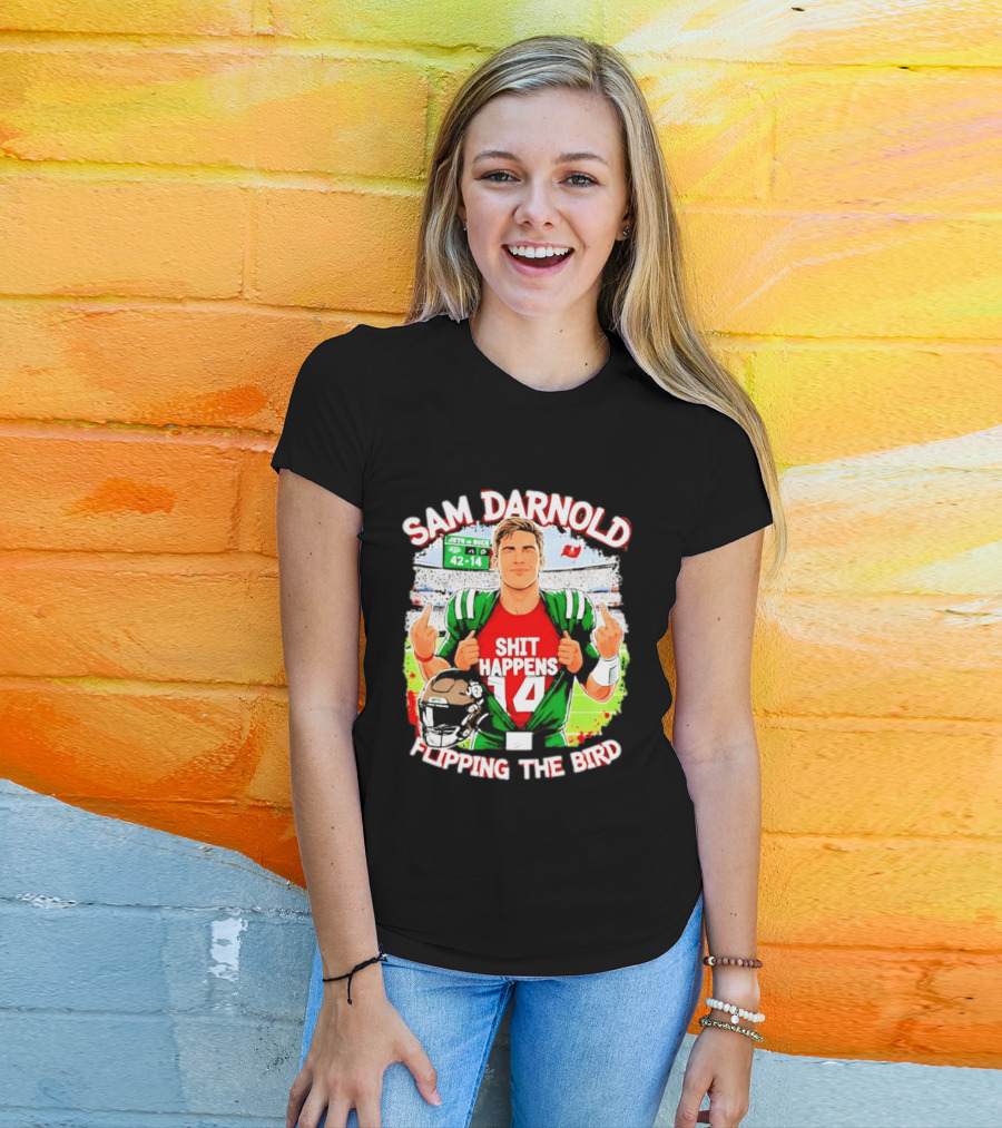 Sam Darnold Shit Happens 14 Flipping The Bird Stadium 42 14 T-Shirt