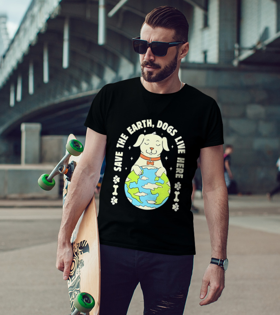 Save The Earth Dogs Live Here Puppy Hugging Globe Eco Friendly Paw Prints T-Shirt