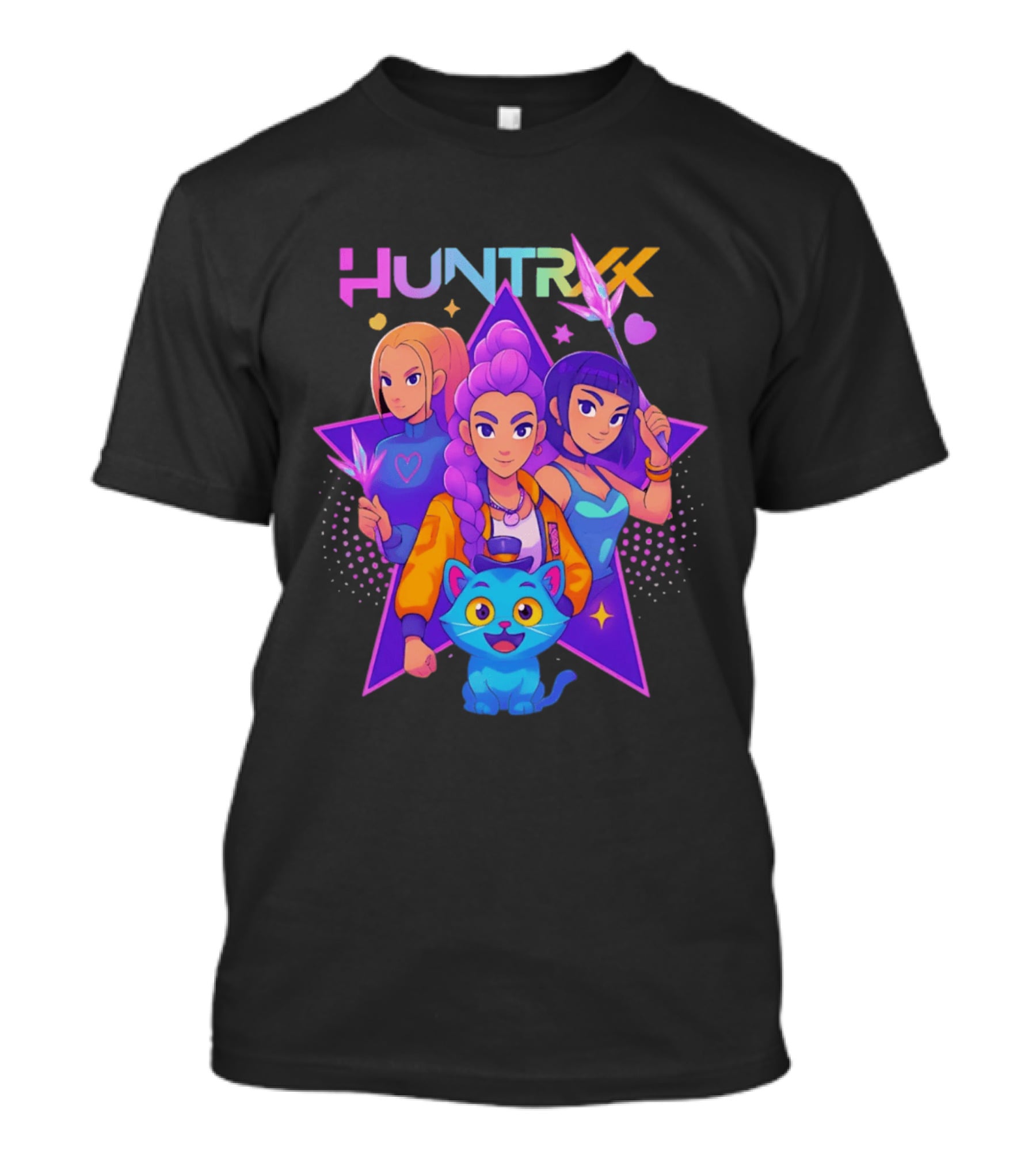 Huntrx Anime All Characters Vibrant Magical Trio And Blue Cat With Crystal Stars T-Shirt