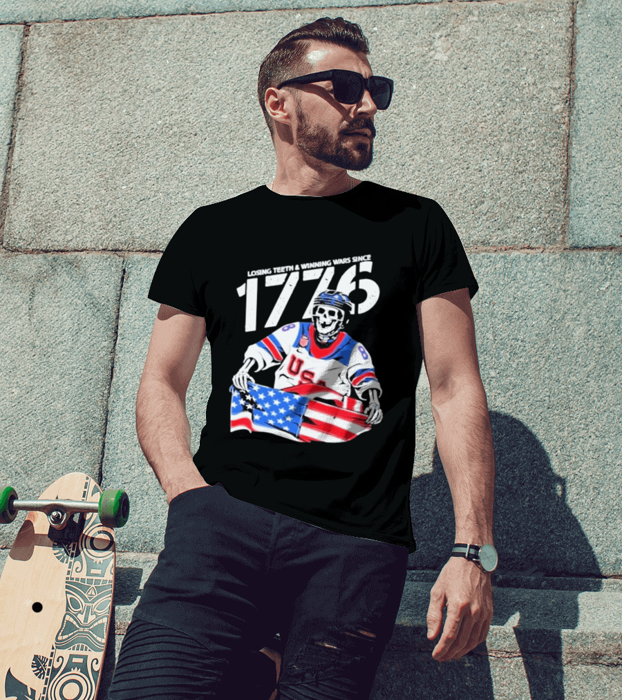 Losing Teeth Winning Wars Since 1776 USA Hockey Skeleton American Flag T-Shirt