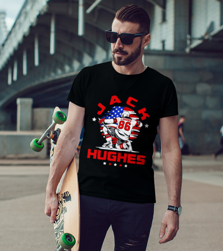 Jack Hughes 86 New Jersey Devils USA Flag Celebration T-Shirt
