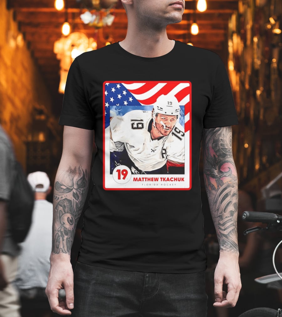 Matthew Tkachuk Florida Hockey USA Flag Card Number 19 T-Shirt