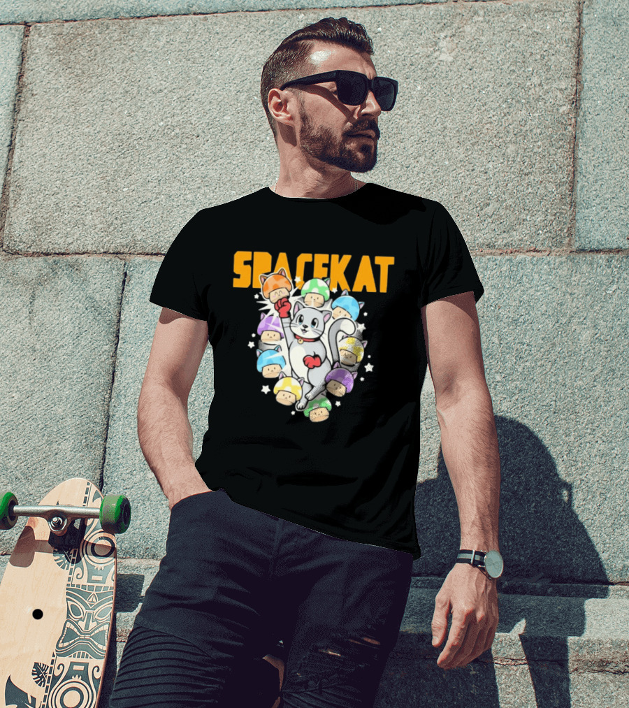 Spacekat Cat Surrounded By Colorful Mushroom Characters T-Shirt