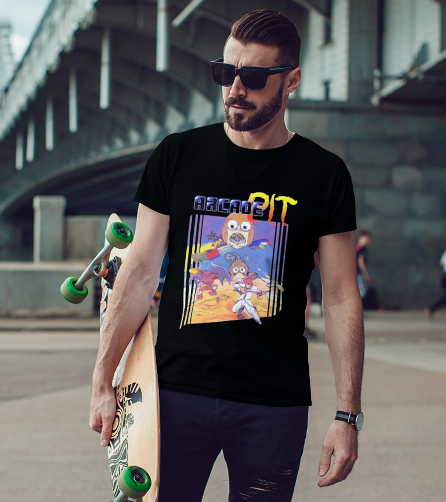 Arcade Pit Smight X Contra Characters And Cartoon Face Beach Scene T-Shirt