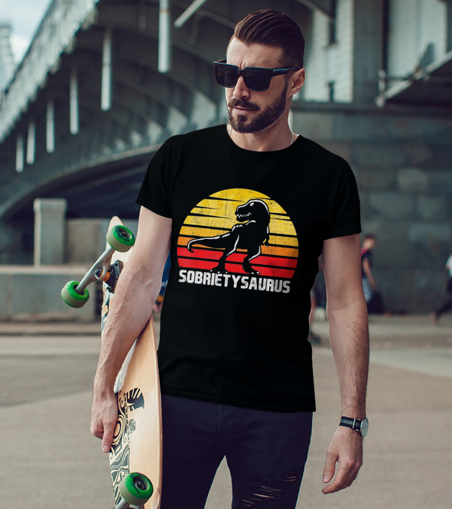 Sober Sobrietysaurus Sobriety Anniversary Recovery Rex Sunset T-Shirt