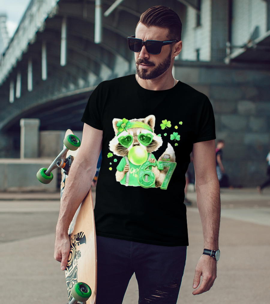 St Patrick's Day Raccoon With Shamrock Heart Glasses And 67 Bubblegum T-Shirt