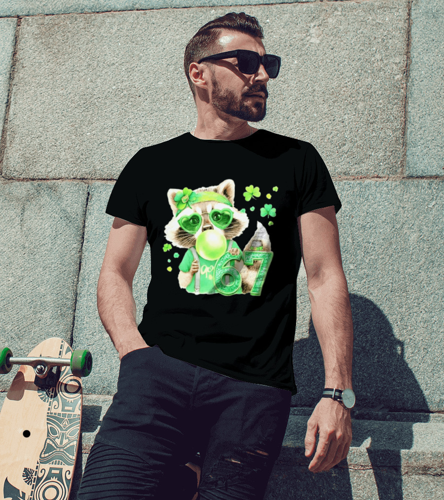 St Patrick's Day Raccoon With Shamrock Heart Glasses And 67 Bubblegum T-Shirt