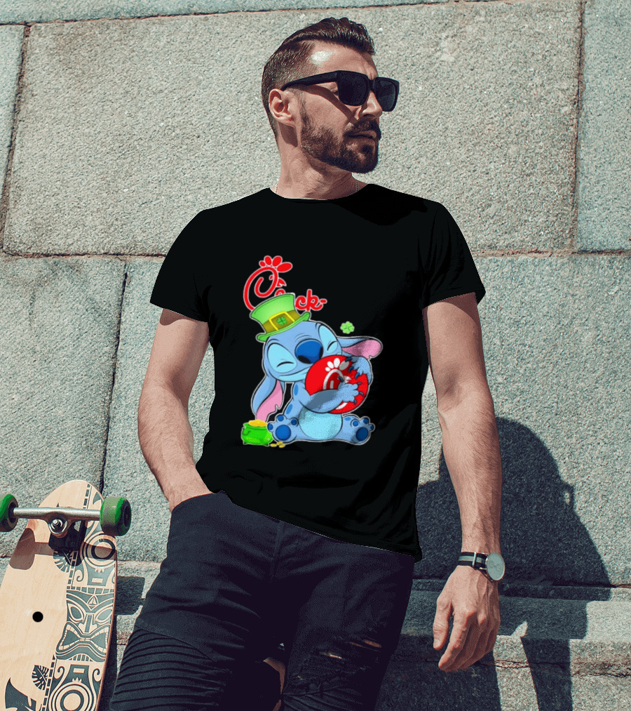 Stitch Holding Chick Fil A Logo With St. Patrick's Day Hat And Clover T-Shirt