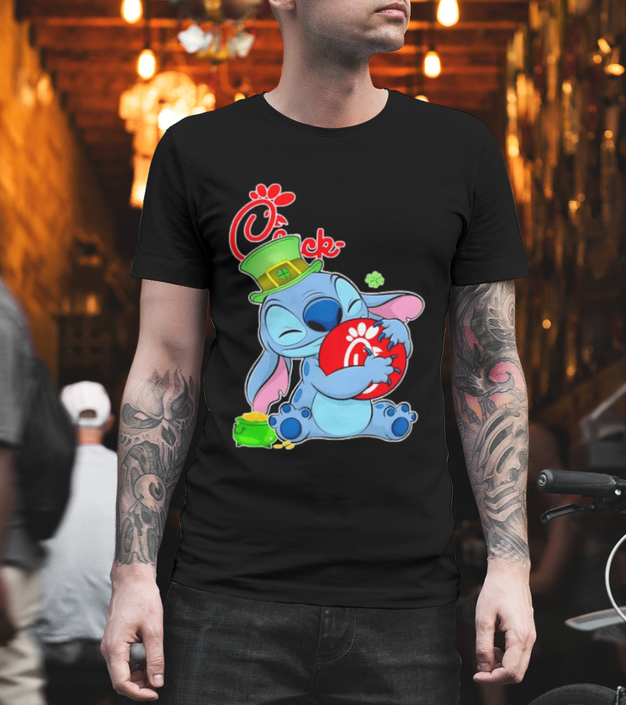 Stitch Holding Chick fil A Logo with St. Patrick's Day Hat and Clover T-Shirt