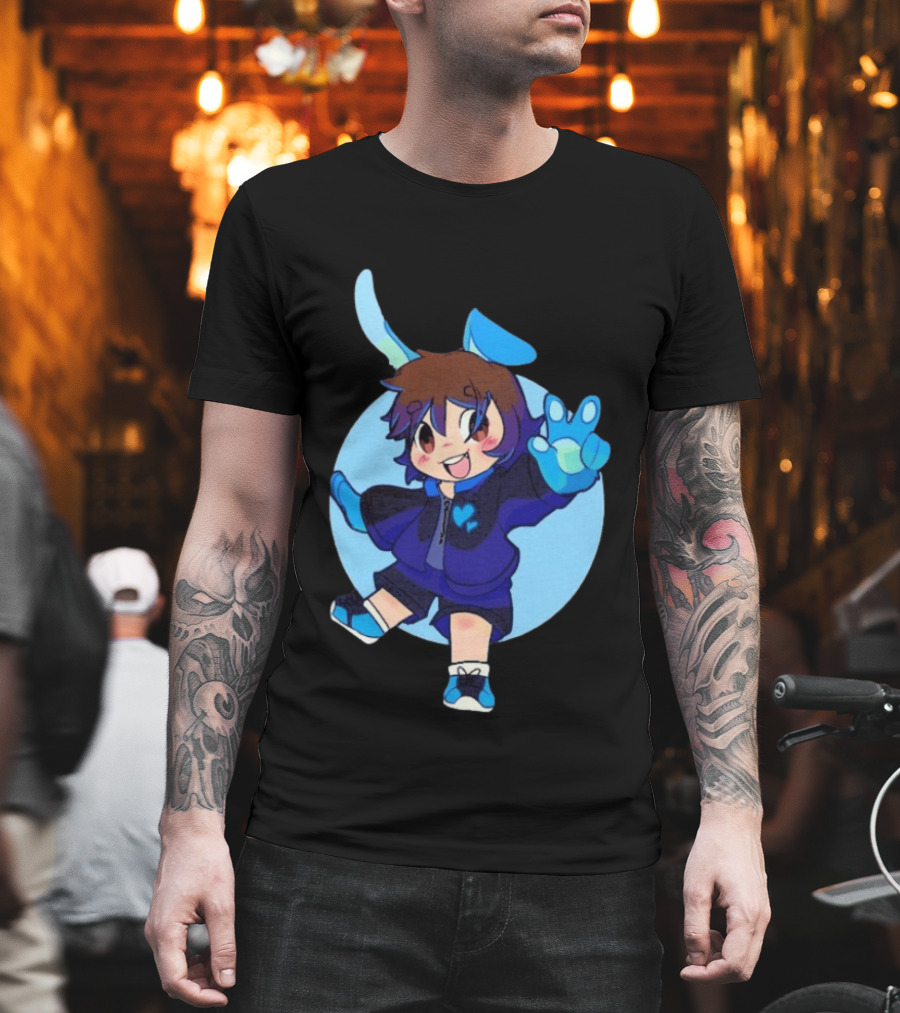 The8BitDrummer Bunny Blue Heart Cartoon Character with Bunny Ears and Sneakers T-Shirt