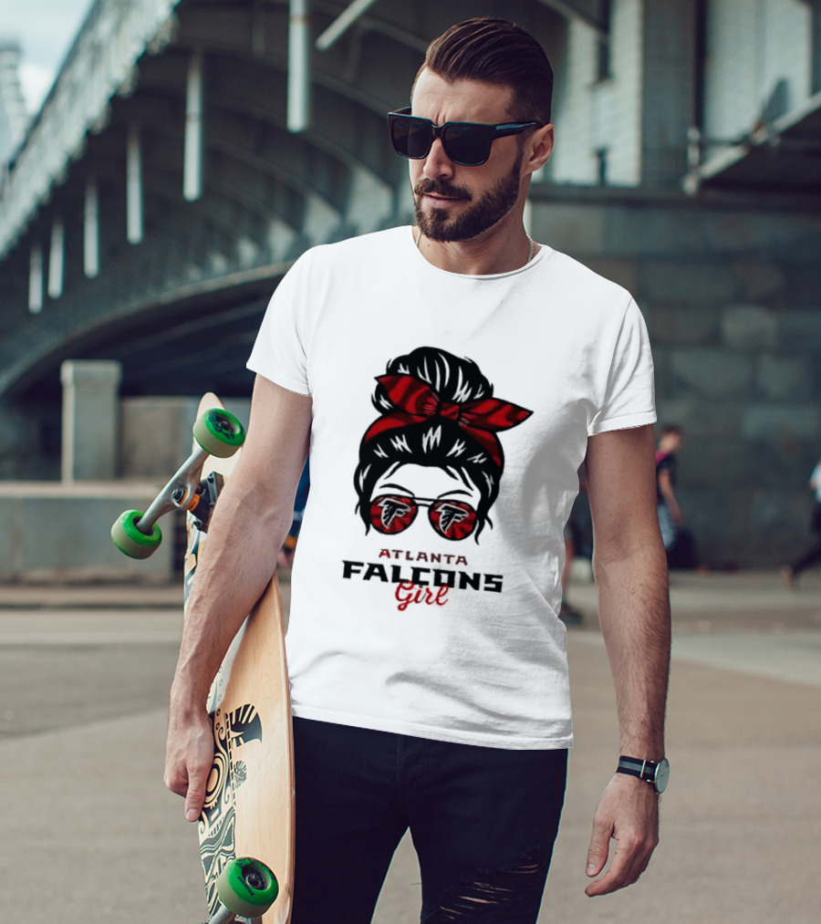 Atlanta Falcons Girl Messy Bun 2026 Bow Sunglasses T-Shirt