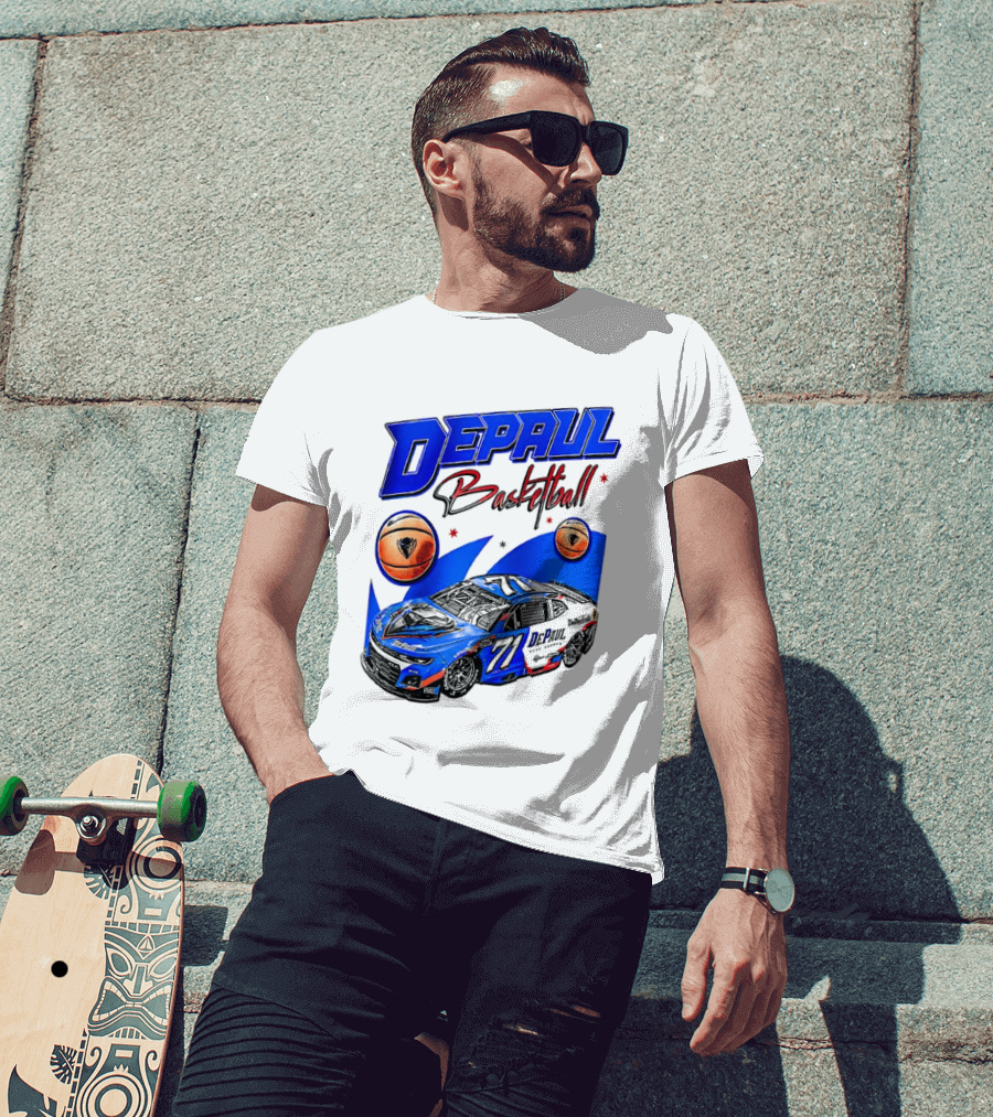 DePaul Basketball NASCAR Collaboration With Blue Race Car And Basketball T-Shirt
