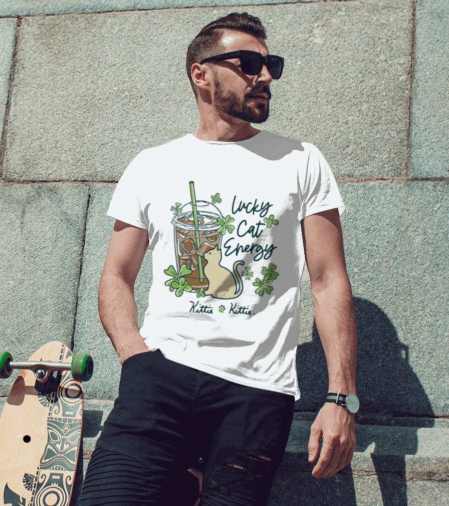 Lucky Cat Energy Kittie Kittie St. Patrick's Day Shamrock Iced Drink T-Shirt