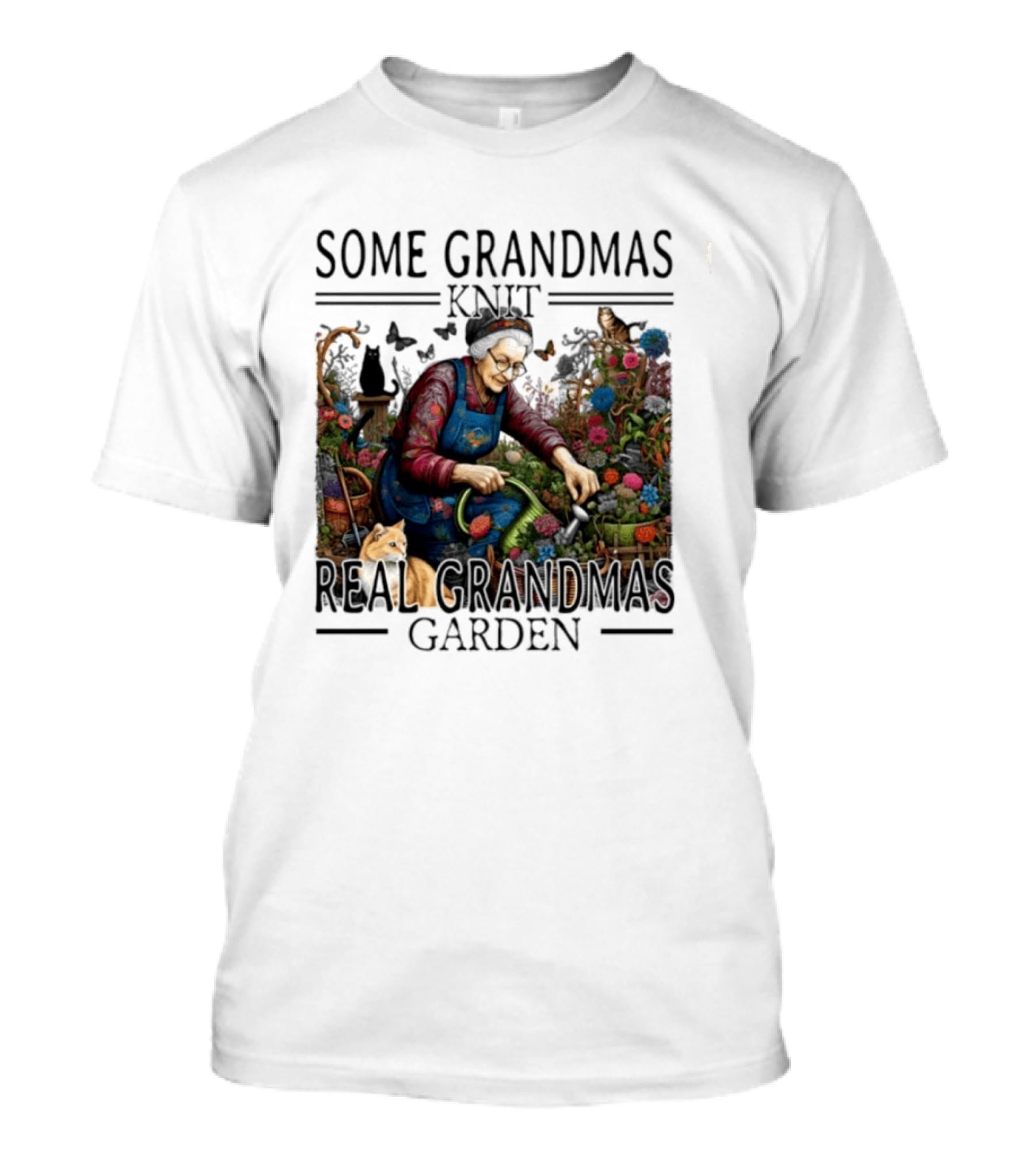 Some Grandmas Knit Real Grandmas Garden Flowers Roses Watering Can Cat T-Shirt