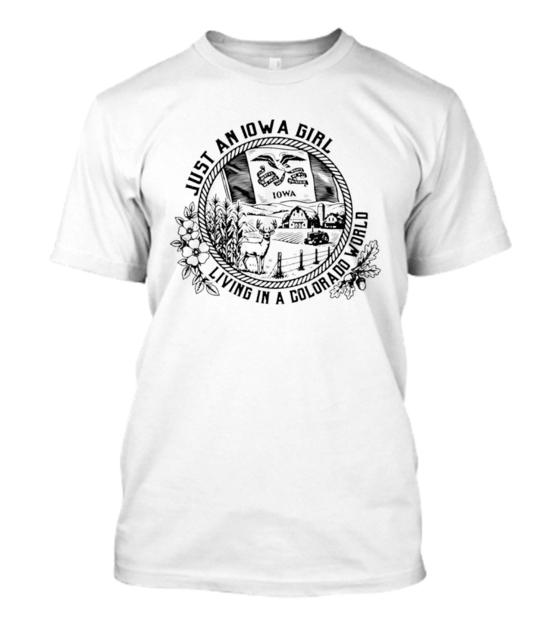 Just An Iowa Girl Living In A Colorado World State Characteristic With Hawkeye Sunflower And Mountain Scenery T-Shirt