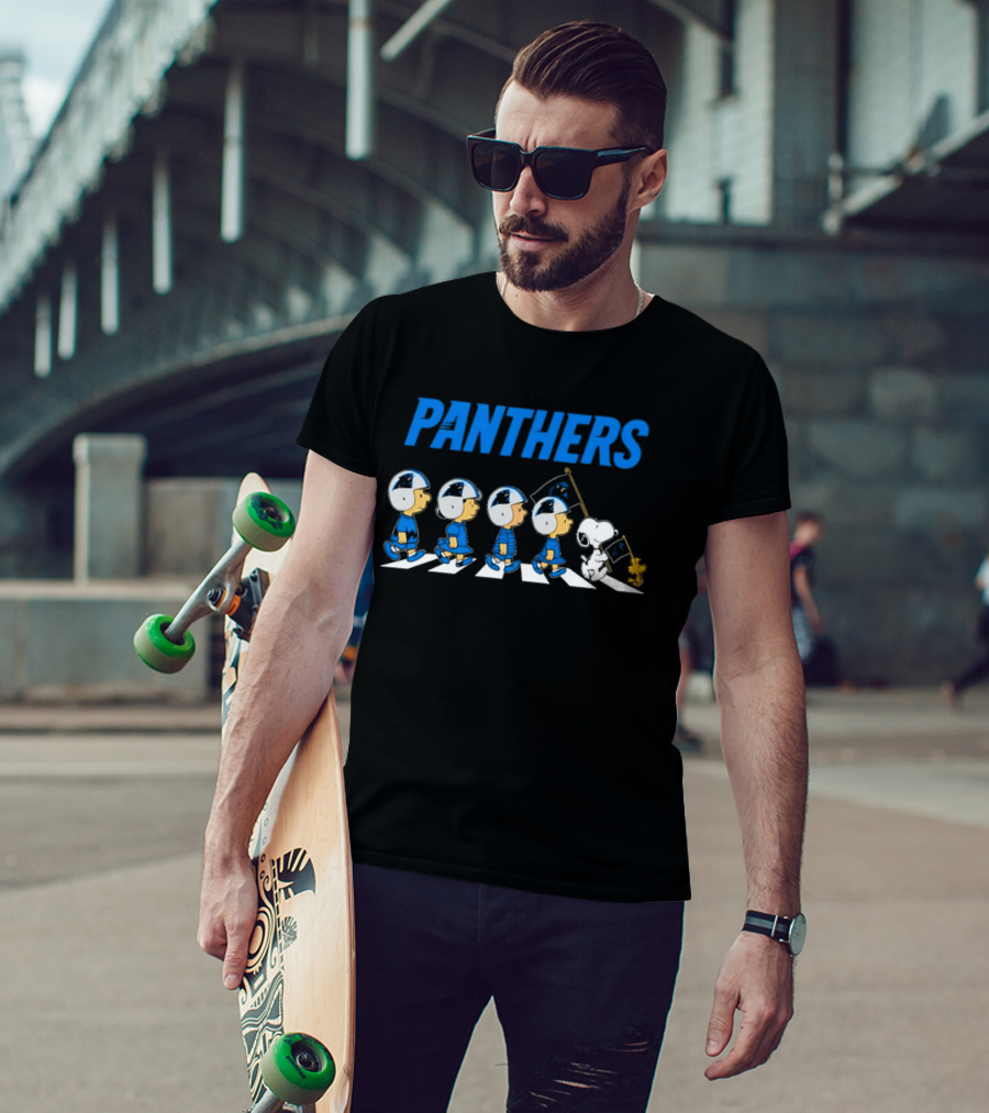 Peanuts Carolina Panthers Football Characters Walking With Flag T-Shirt