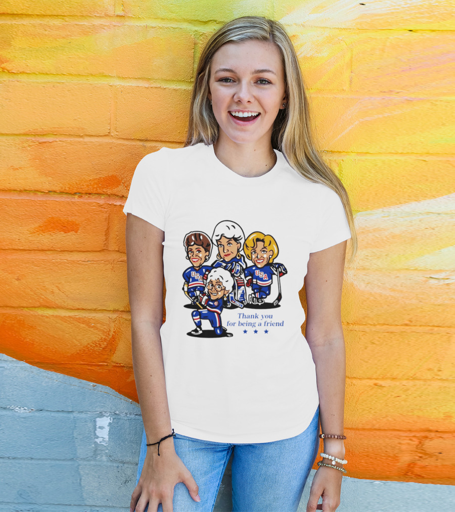 Golden USA Girls Hockey Thank You For Being A Friend Cartoon Characters T-Shirt