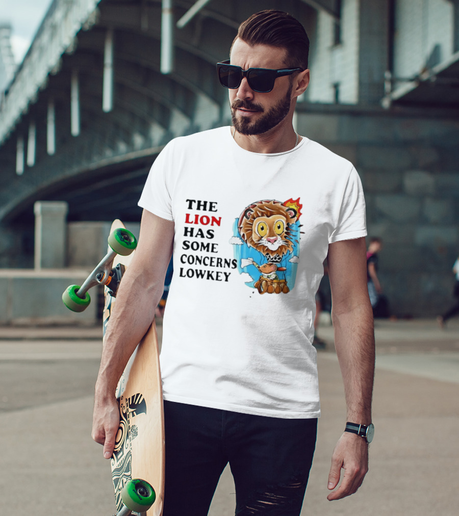 The Lion Has Some Concerns Lowkey Fire Cartoon Lion And Mouse Hot Air Balloon T-Shirt